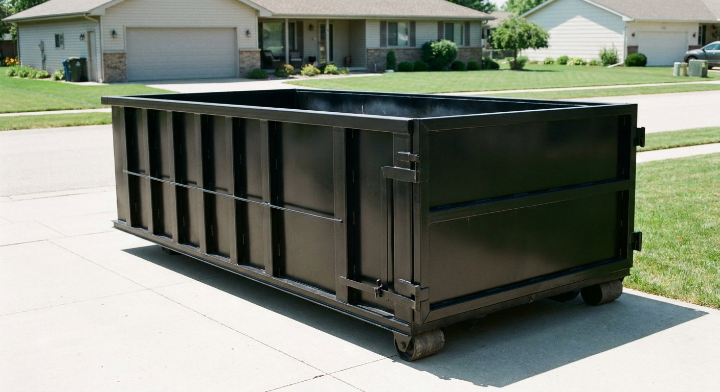 Matte-black 10-yard roll-off dumpster on a residential concrete driveway in Gladstone, uniformly painted matte black across every panel and rail, ribbed steel sidewalls and rear swing door visible, mid-day daylight.