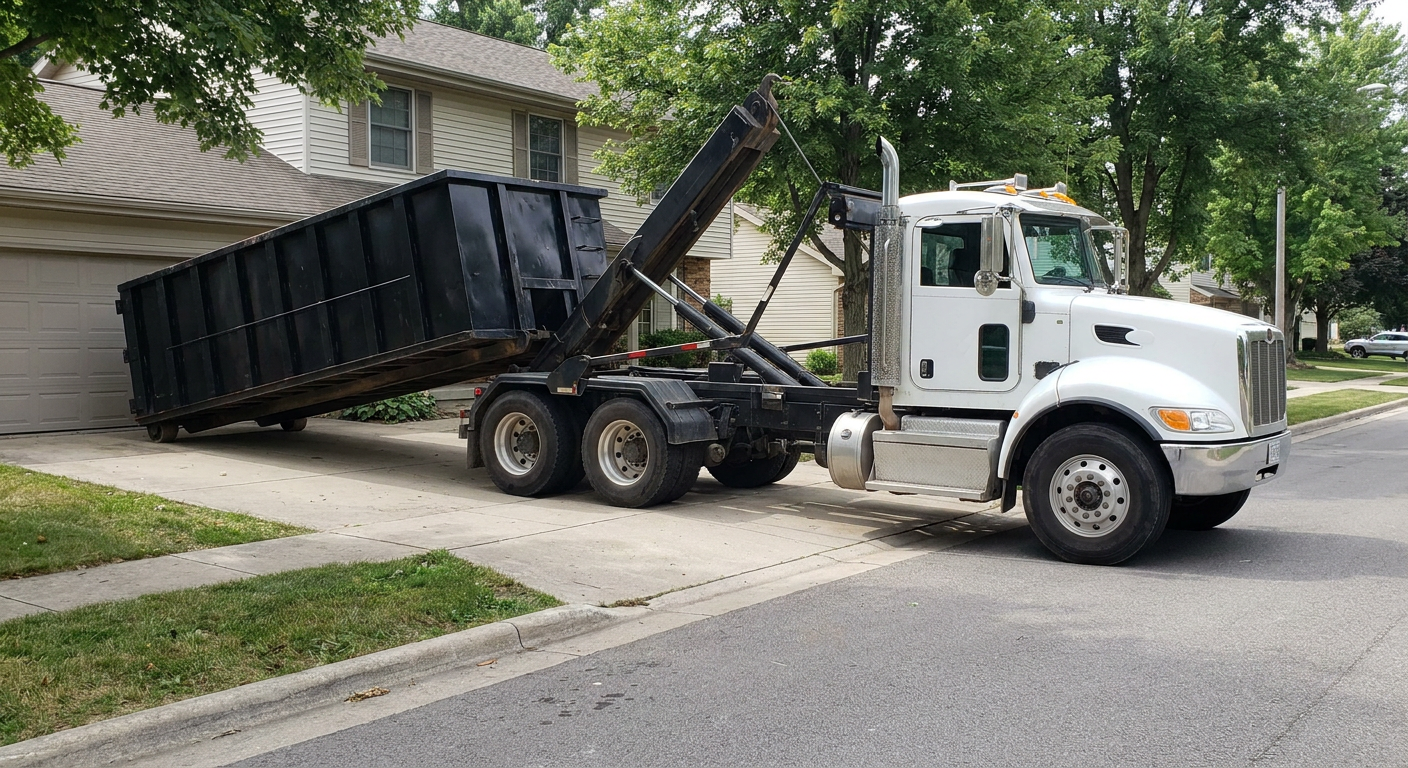 White-cab hooklift roll-off truck actively lowering a matte-black dumpster onto a Gladstone residential concrete driveway, the dumpster's rear wheels touching the driveway as the hoist arm tilts the bed forward, mid-morning daylight.