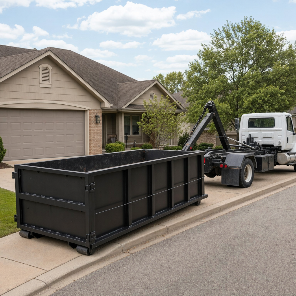 Wide documentary shot of a matte-black roll-off dumpster on a Gladstone residential driveway in the foreground and a contractor jobsite container in the soft-focus background, bright daylight, calm and orderly composition.