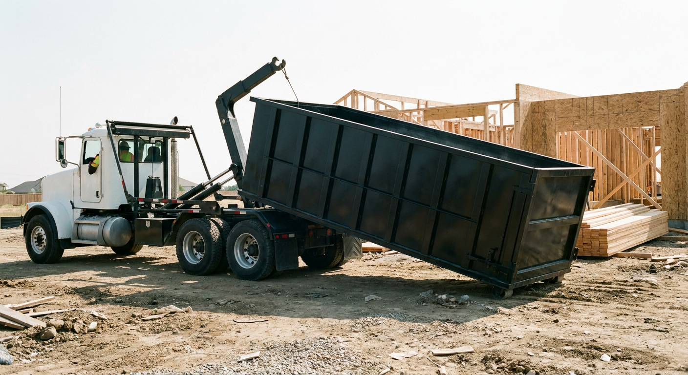 Matte-black roll-off dumpster being delivered onto a clean residential concrete driveway in Gladstone by an unmarked white hooklift hauler truck, bright morning daylight, documentary 35mm perspective.